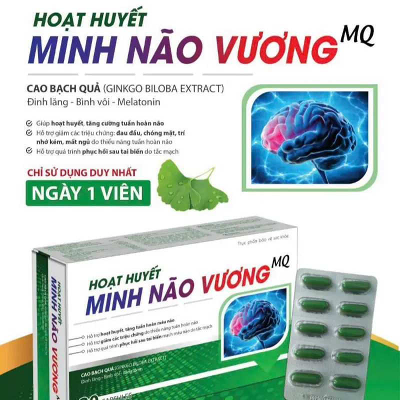 -Viên uống Minh Não Vương, giúp tăng cường tuần hoàn não, cải thiện chứng đau đầu, khó ngủ, hoa mắt, chóng mặt, trí nhớ kém, 30 viên/hộp dùng được 1 tháng.