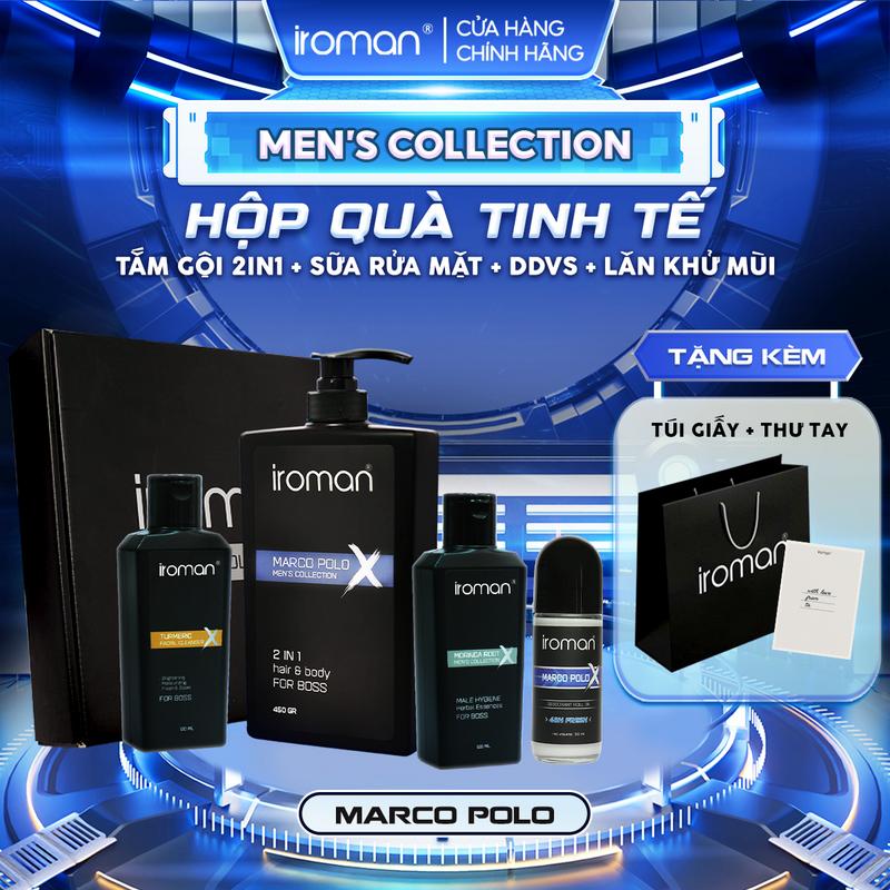 Hộp Quà Tinh Tế IROMAN Tắm Gội 2in1 450G+Sữa Rữa Mặt Nghệ 120G+Tinh Chất Thảo Dược Vệ Sinh 120G+Lăn Khử Mùi 50ML