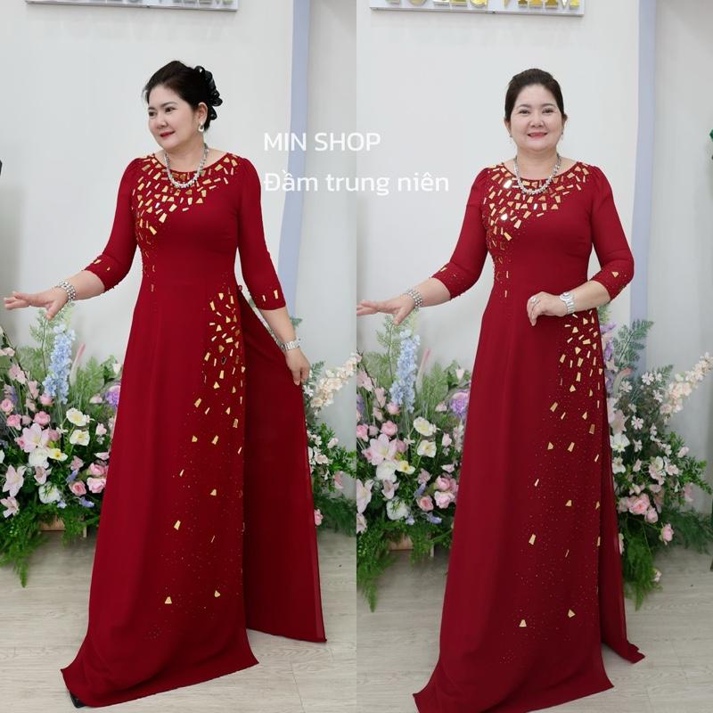  MIN SHOP - Áo dài quần rời truyền thống vải chifon thiết kế tráng gương cổ tròn hoạ tiết bắt mắt với gam màu xanh đen và đỏ Nữ Women - Voi Dress phù hợp làm sui 