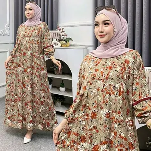 Gamis Rayon Eva Lengan Balon Busui Friendly dengan Motif Bunga Elegan dan Nyaman untuk Ibu Menyusui