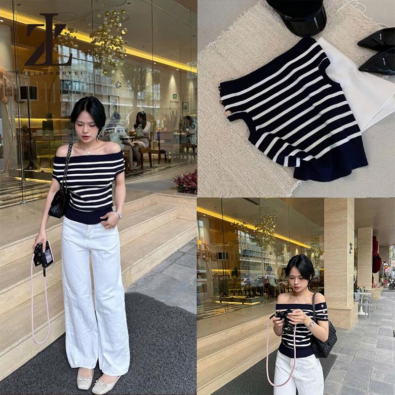 Áo Len Kẻ Trễ Vai Áo Len Nữ Dáng Ôm Siêu Xinhh Hàng