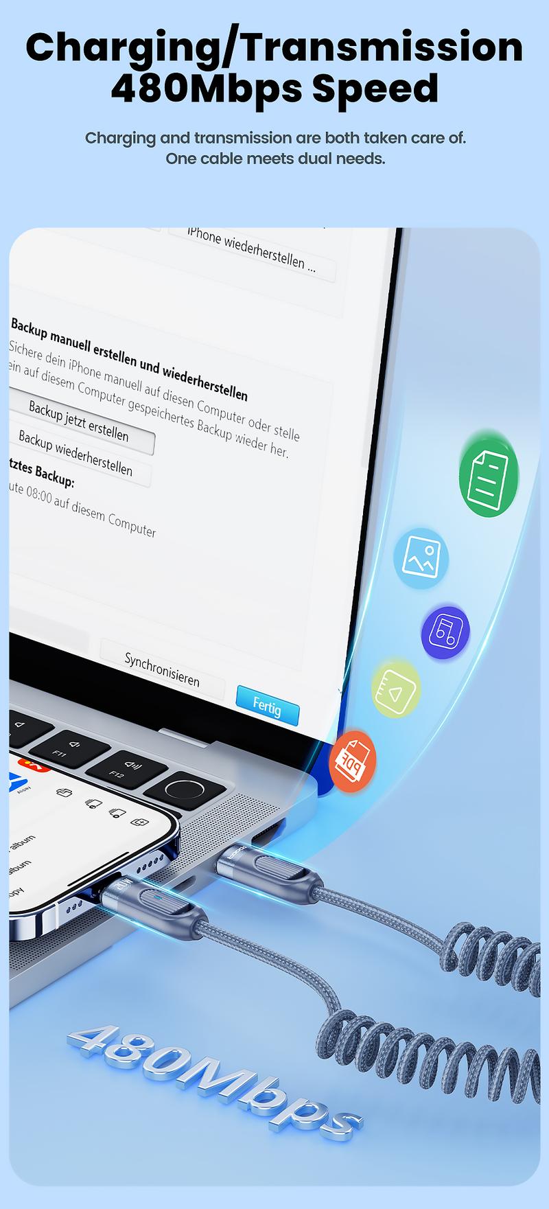 Product Introduction of Cáp sạc nhanh USB-C sang iP, Toocki PD, Type-C sang Lightning, Cáp lò xo trong xe hơi, Tương thích với PC / Máy tính bảng / Điện thoại 17
