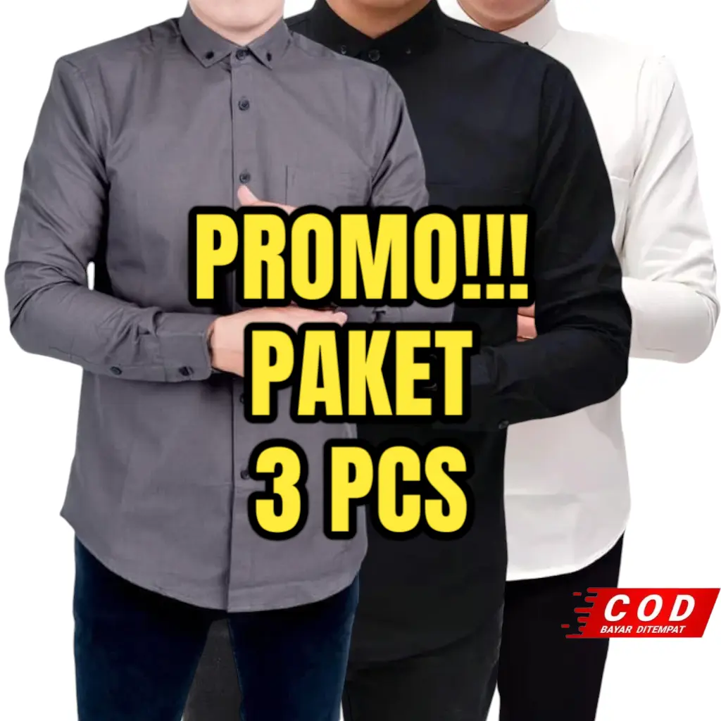 PAKET 3 PCS KEMEJA PRIA POLOS LENGAN PANJANG SLIMFIT KATUN PREMIUM