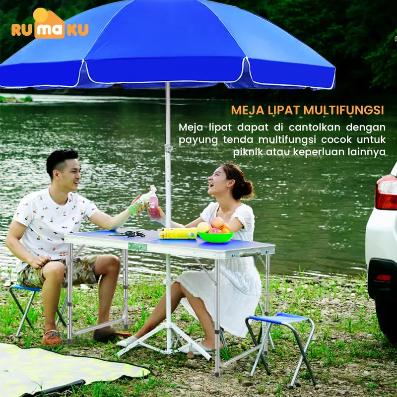 RUMAKU Meja Jualan Lipat Portable Serbaguna Lubang Tengah Payung Tenda Outdoor Camping Free 2 Kursi 4