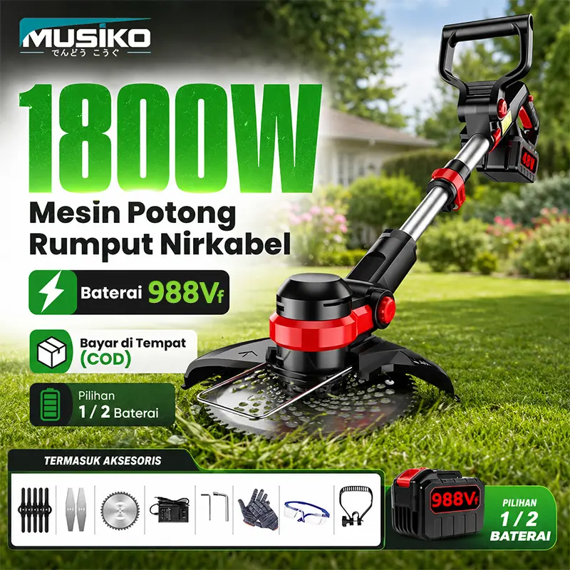 【988Vf Tahan Lama】Mesin Potong Rumput Tanpa Kabel 2 Baterai - Grass Trimmer Portable untuk Taman Rumah & Kebun Kecil (Baterai Cepat Isi Ulang)