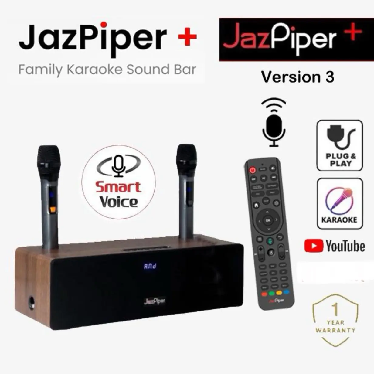 JazzPiper PLUS V3 Family Karaoke Sound Bar with 2 Wireless Mics and Remote Control Audio Speakers