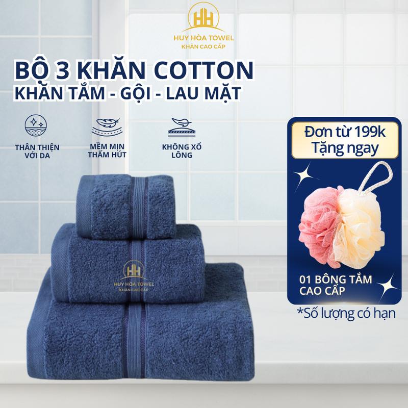 Bộ 3 Khăn Tắm Khăn Gội Khăn Mặt Huy Hòa Làm Từ Sợi Cotton Mềm Mịn Thấm Hút Không Đổ Lông Không Phai Màu. Dùng Cho Nhà Tắm Phòng Tắm