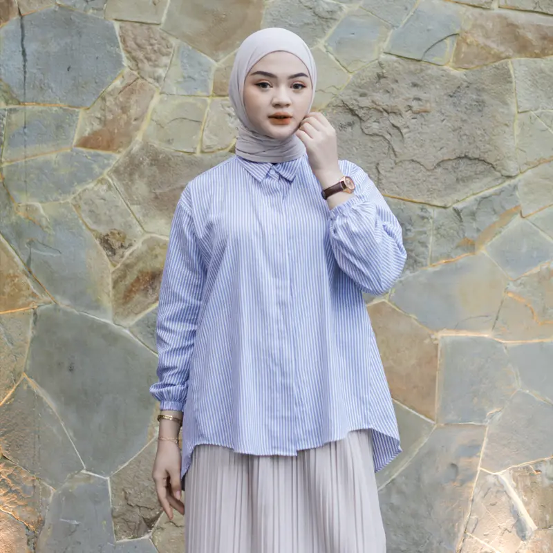 ELF STORE - KARA Kemeja Atasan Salur Stripe Katun LD Jumbo Wanita Muslim Panjang Kekinian Baju Oversize 0