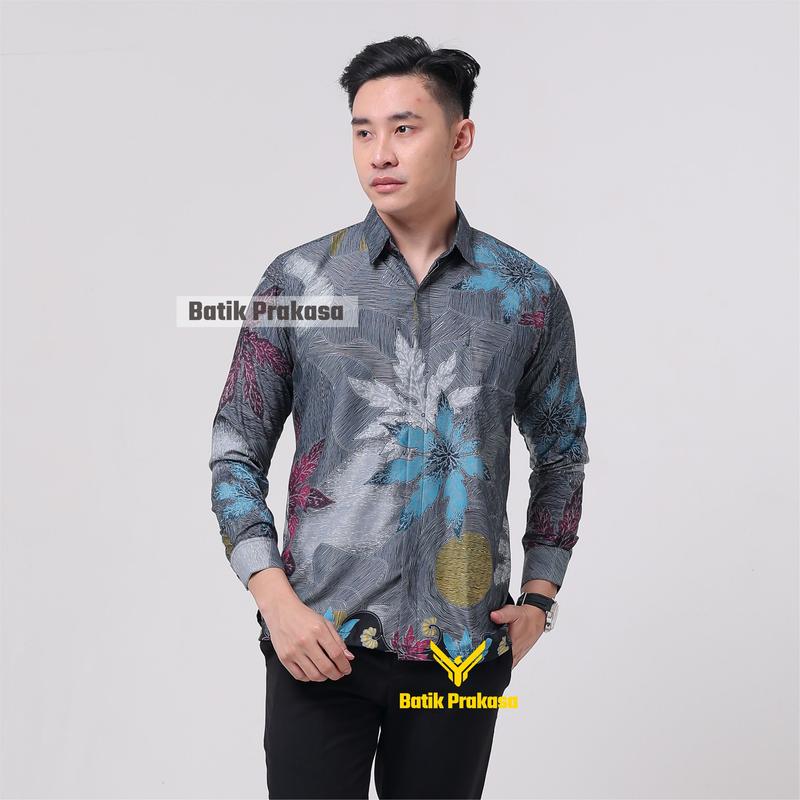 Kemeja Batik Prakasa Motif Bhalendra Hitam Slimfit Lengan Panjang Batik Solo Baju Katun Nyaman Pria 0