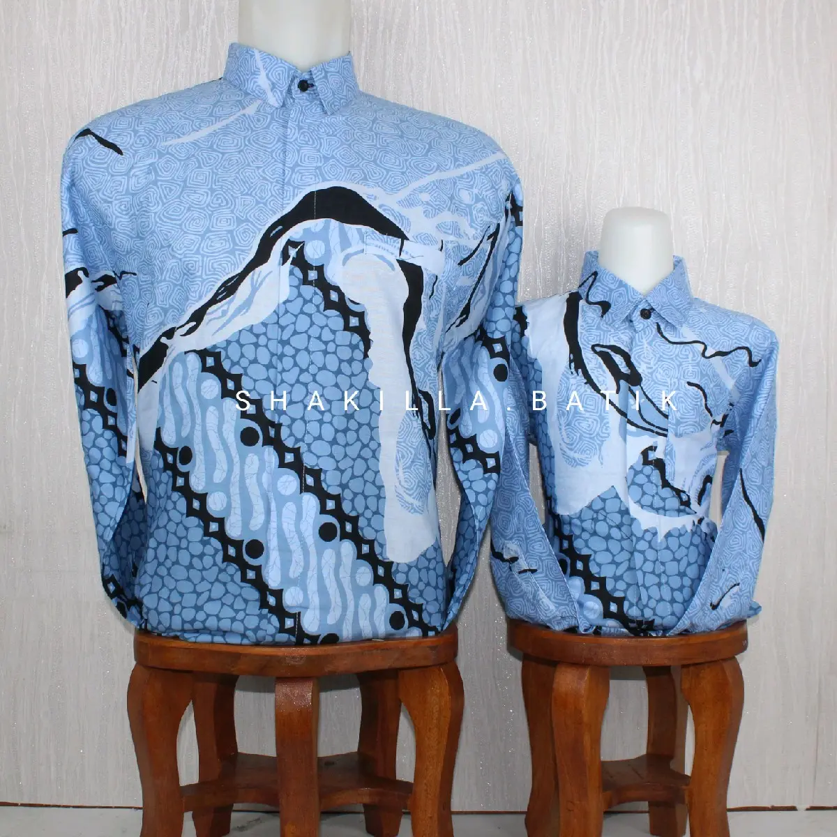 SH76.Kemeja Batik Couple Ayah Anak Bahan Katun Premium Berfuring Warna Ice Blue Terbaru