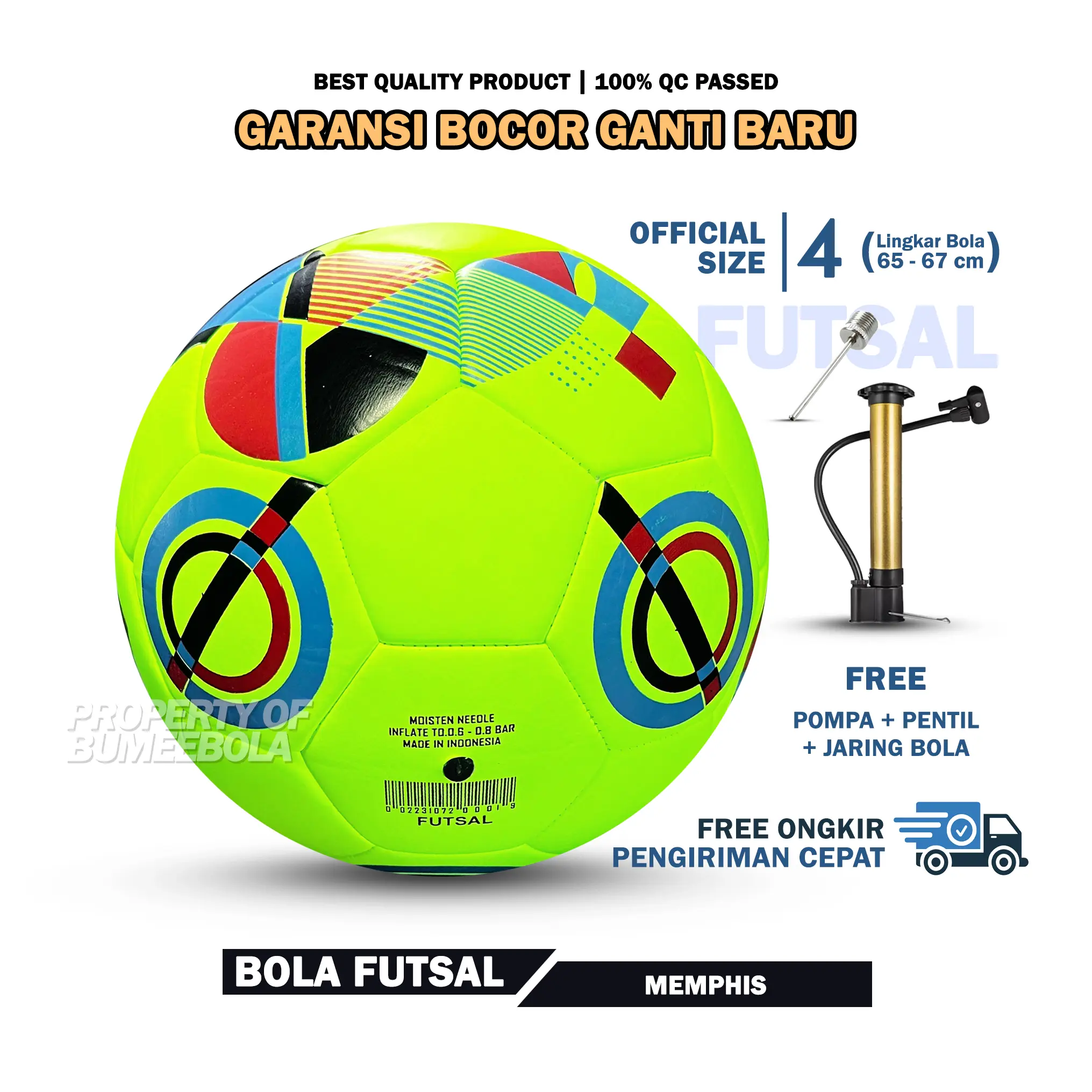 BOLA FUTSAL Memphis | Bola Futsal Size 4 | Bahan Premium Jahit Mesin | Paket Pompa Pentil Jaring | Futsal Ball