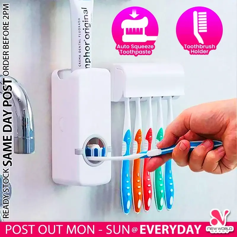 FREE 5 Toothbrush Slot Holder Toothpaste Shaver Dispenser Squeezer Wall Mount Bekas Letak Ubat Gigi