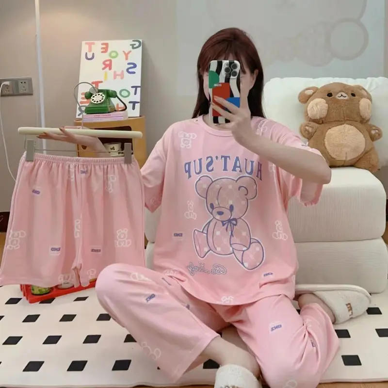 Set Piyama 3 in 1 Wanita Dewasa - Baju Tidur Lengan Pendek + 2 Pcs Celana Tidur Panjang Pendek Fit 5