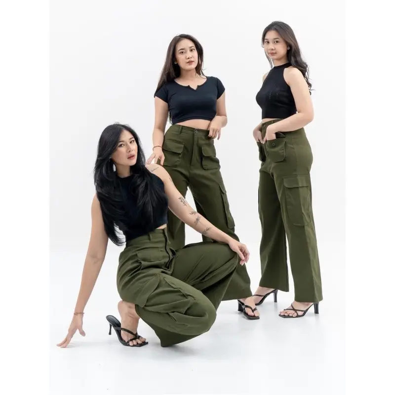 Kulot Cargo Pants Wanita Kantong Depan Karet Celana Kancing 2