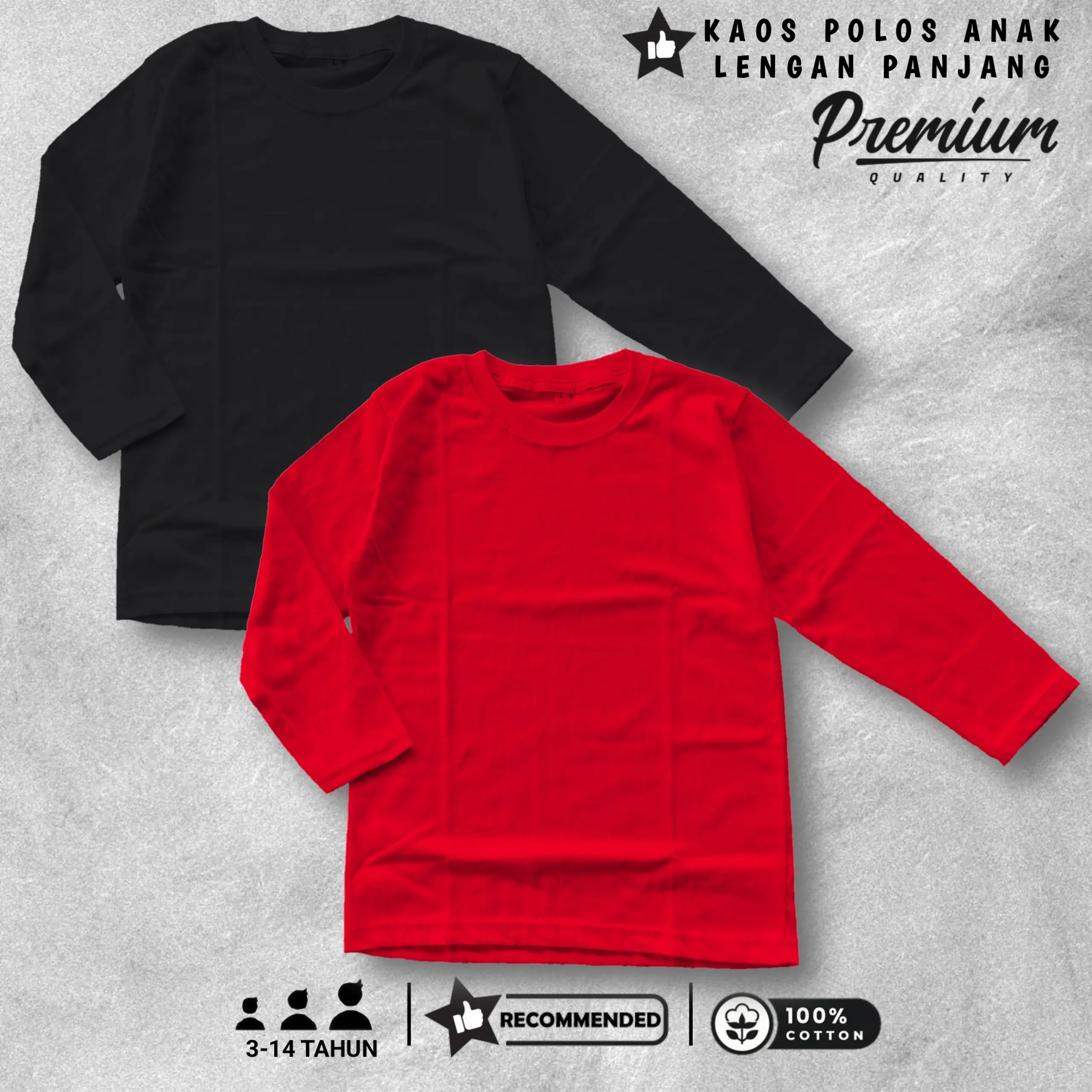 Kaos anak usia 3,5-14 tahun lengan panjang polos Baju anak bahan cotton combed