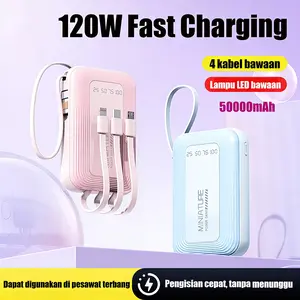 120W Powerbank 50000mAh Mini 4 Kabel bawaan Cable Fast Charging Lightweight Uniersal bank daya seluler LED Display
