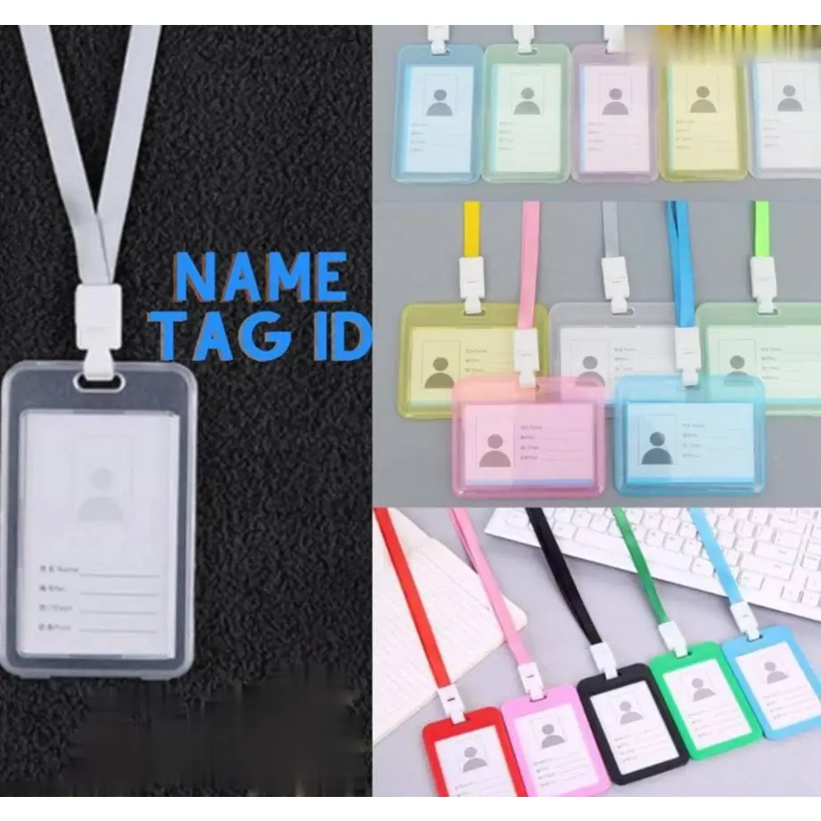 Name Tag Id Card Transparant Gantungan Kartu Nama Plastik Vertical Lanyard Potrait Motif Polos Warna Warni Tanda Pengenal Bening Horizontal