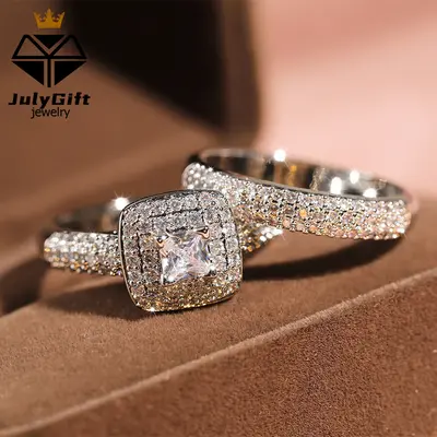 New 18K/925 store 5.2CT Princess Diamond 3PC COUPLES Eternity Engagement Ring TRIO SET