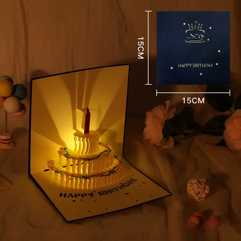 Kartu Ucapan Pop Up 3D Bentuk Kue Ulang Tahun Dengan Lampu + Musik& Cards 2