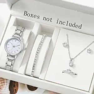 5PCS Jam Tangan Kuarsa Wanita Berlian Berlian Skala Sederhana Dial Kecil Tali Baja Halus Jam Tangan Set Perhiasan Berlian Imitasi Gratis (Tanpa Kotak) Kaca Watches