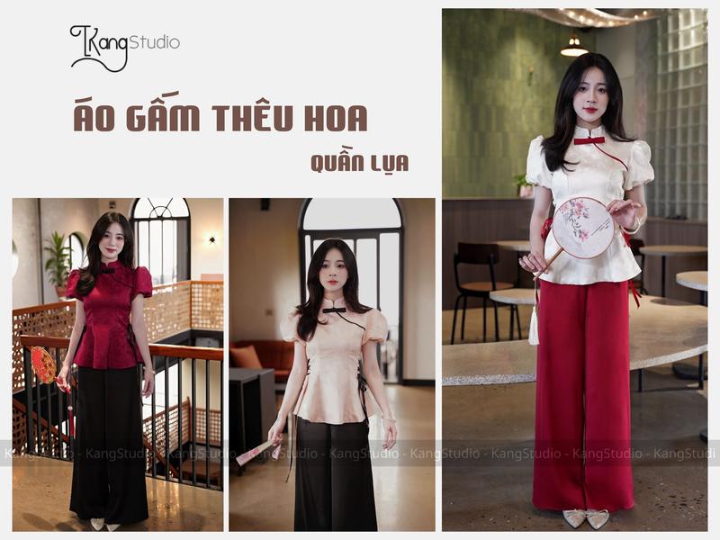   CÓ BIGSIZE  KangStudio -  M092  Set áo gấm hoa thêu kèm quần lụa đen trẻ trung sang chảnh 