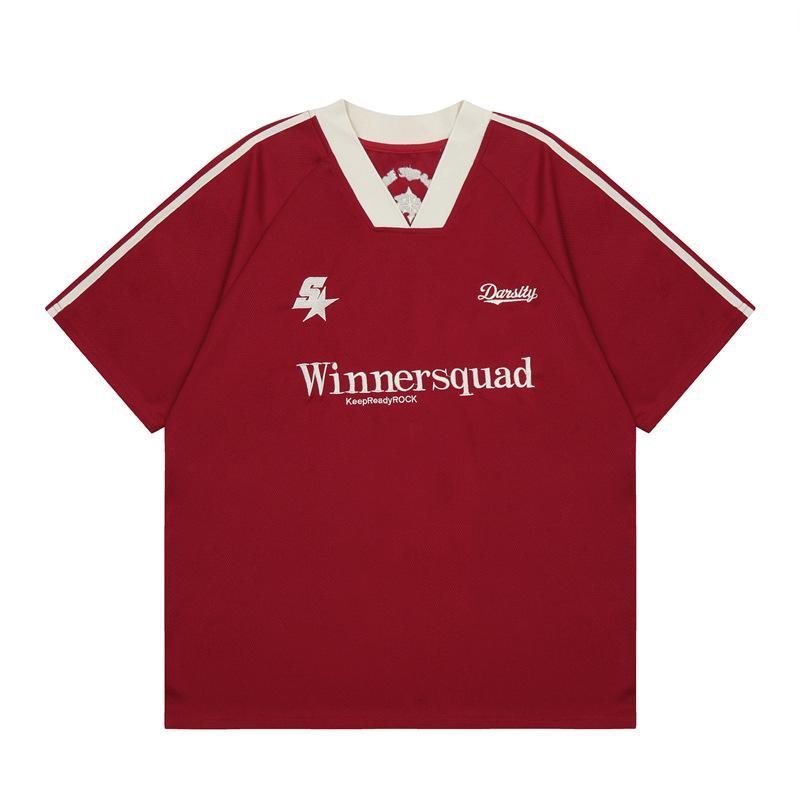 Product Introduction of Summer Heavy Embroidery American Retro V-neck Sports Casual Red Jersey Korean Short Sleeve Women's High Street Loose Couple T-shirt Fashion Brand Ins New Half Sleeve Men's Racing Clothes Top Black Basketball Shirt 30