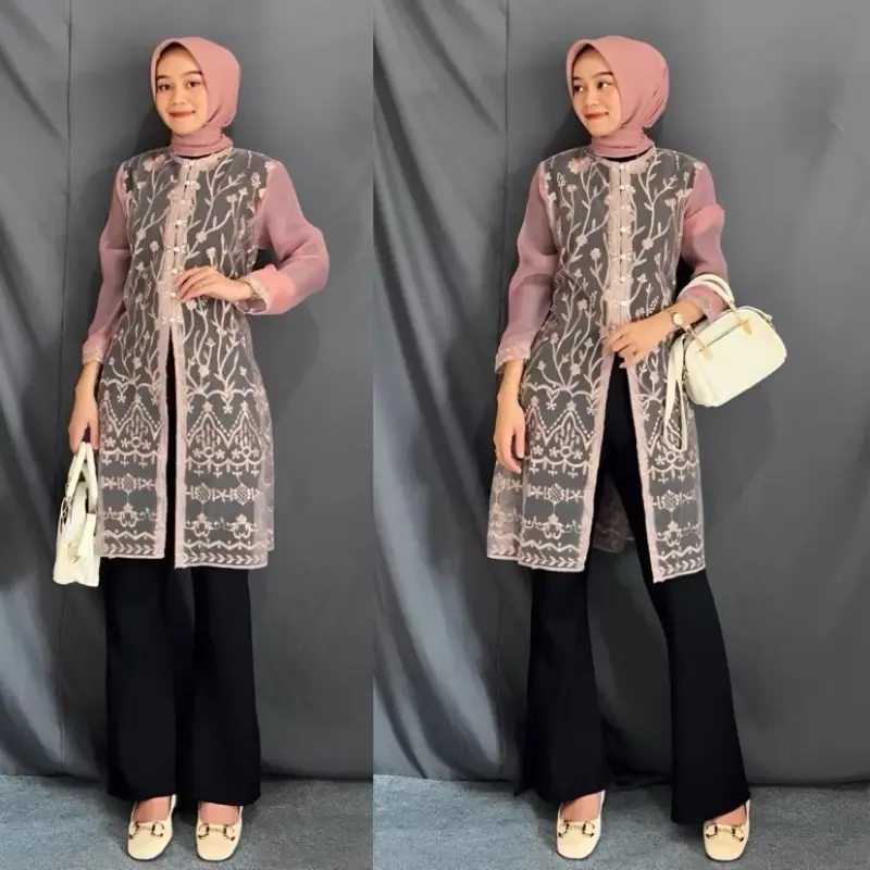 ￼Hadju Tunik Brukat Bordir Sapto / Tunik Brokat Tali Kancing Mutiara Payet Diamond / Baju Kondangan, Wisuda, Seragaman, Bridesmaids, Pesta, Acara Formal Brokat Panjang Atasan Muslim 5