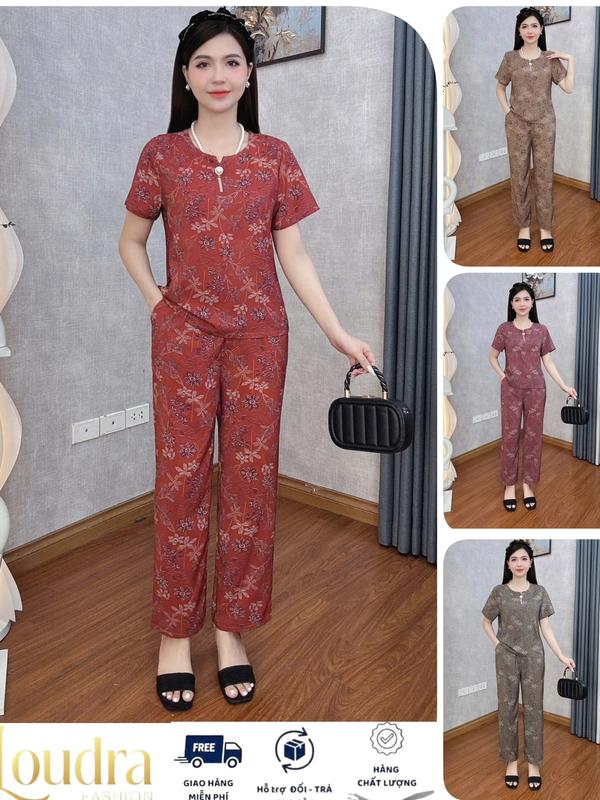 Bộ đồ trung niên Đồ bộ mặc nhà b32 Loudra shop jolle bộ tặng mẹ quần dài áo cộc hàng lụa MANGO mềm mịn mát Kem Top