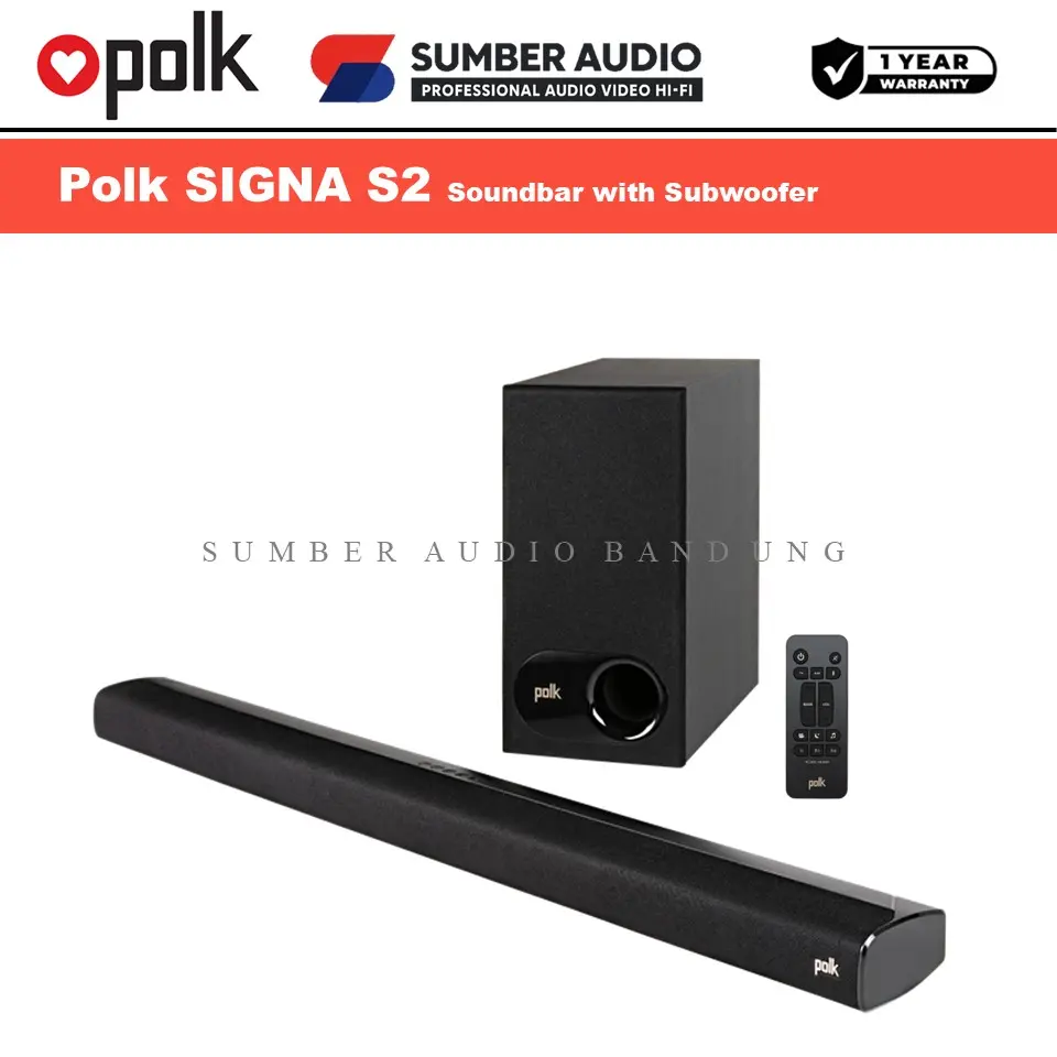 Polk Audio Signa S2 Bluetooth Dolby Soundbar dengan Subwoofer Nirkabel TV Speaker Universal dengan Teknologi Polk VoiceAdjust dan Kabel HDMI 5'