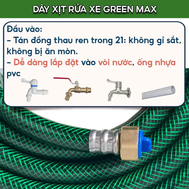 Bộ dây MÀU XANH (ỐNG NHỎ 14MM) 3M,5M,10M,15M,20M,30M xịt rửa xe , tưới cây , dây nhựa dẻo ( phi 14mm ) , đầu nước cấp gắn tán đồng thâu răng trong 21 , có gắn vòi xịt chất liệu đồng thâu 3