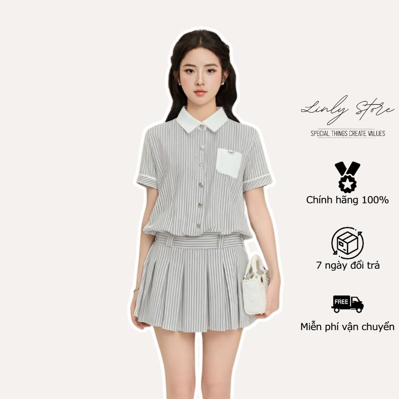  Váy sơ mi thiết kế xếp ly phối cổ trắng đầm kiểu nữ phối cúc đính nơ tiểu thư Linly Store V-SM1 