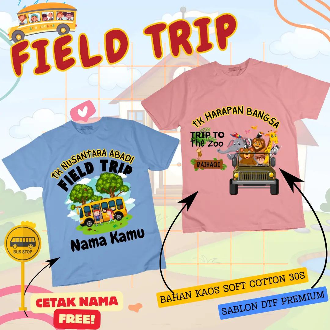 Kaos Anak Custom FIELD TRIP Gratis Cetak Nama | Baju Atasan Anak Couple Terbaru Lengan Pendek  Laki-laki dan Perempuan Usia 2 Sampai 16 Tahun | Tshirt Field Trip Sekolah TK SD BIMBA Couple Combed 30s | Pakaian Anak Banyak Motif dan karakter Murah