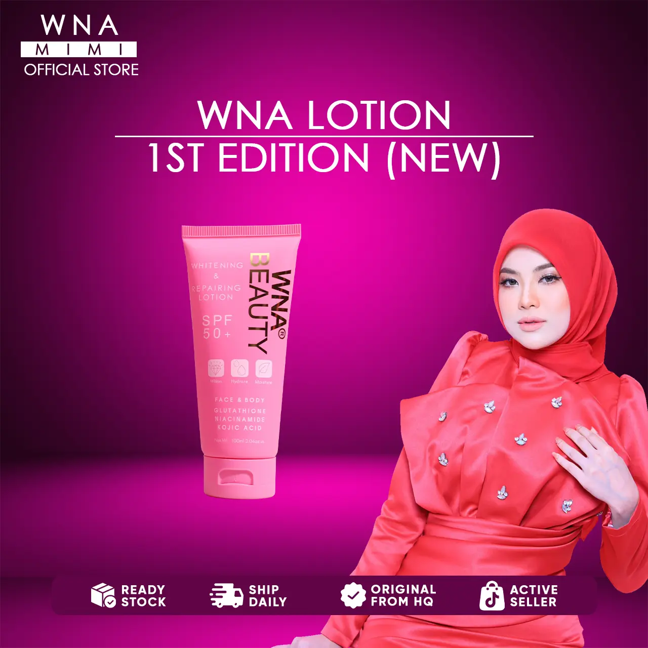WNA NEW PACKAGING Whitening & Repairing Lotion 100ml SPF50 Niacinamide Glutathione Pearl Powder Face and Body Losyen Wan Nur Amirah Original HQ Mencerahkan Memutihkan For Sensitive Skin