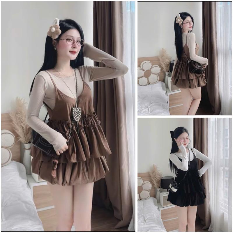  Sét 3 chi Tiết Áo Yếm Bèo Mix ÁO Thun Dài Tay Kèm Chân Váy Dáng Bí Bồng Tiểu Thư 