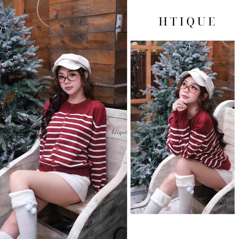 BST MERRY CHRISTMAS HTIQUE DEAL mở bán Áo len kẻ phù hợp với giáng sinh Áo len đệt kim kẻ đỏ LA01+