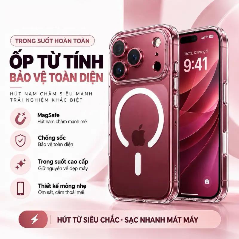 Ốp Lưng Iphone Trong Suốt Chống Sốc - Hỗ Trợ Sạc Từ Tính Không Dây Dành Cho IPhone 18promax, IPhone 17,16 ,15 ,14 ,13 ,12, 11promax Và 16, 15, 14 Plus