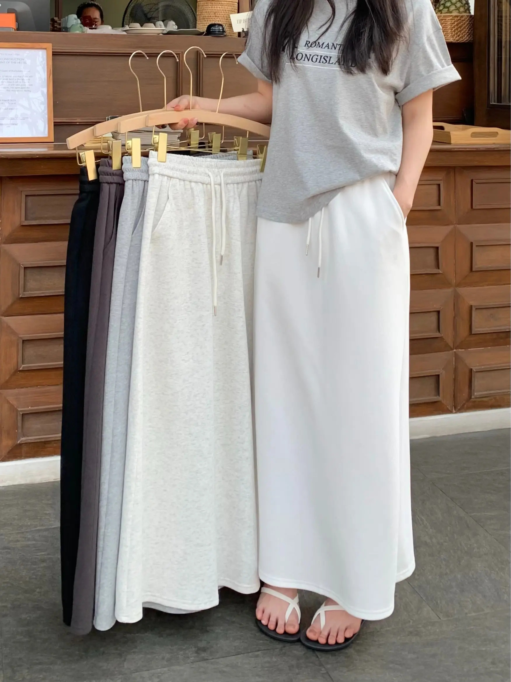 WU #99017 High Waist Loose Casual Fashion Drawstring Elastic Waist Mid- Length Skirt Straight Skirt Basic Comfort Lingerie Style Bottom Womenswear Clothing Minimalist