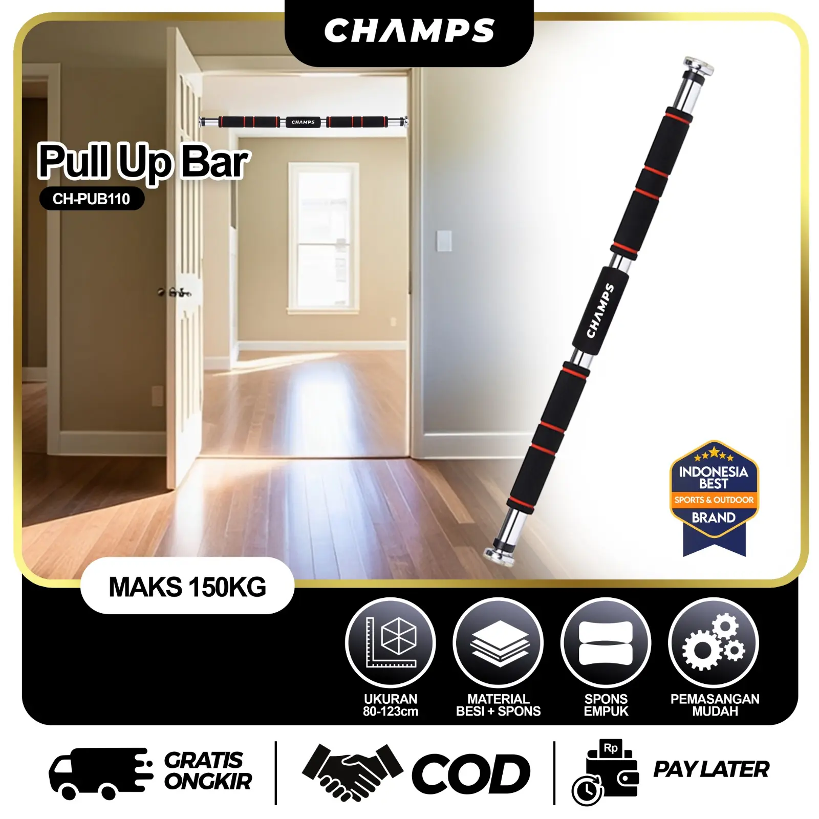 CHAMPS Pull Up Bar Outdoor / indoor atau Door Chinning Bar Untuk pembentukan otot anda CH-PUB110 Olahraga Tangan