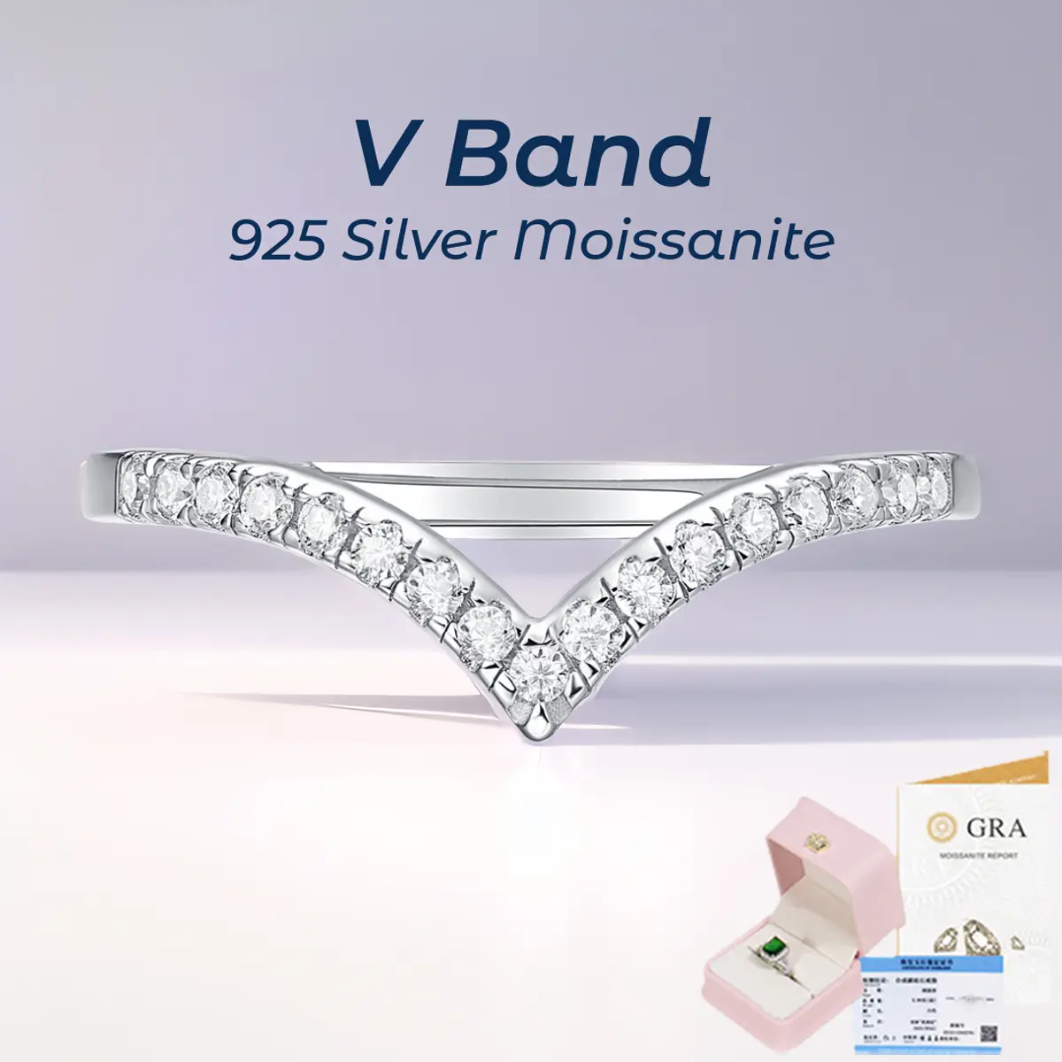 【#MR05·V Band】 S925 Sterling Silver Moissanite Rings Fixed Band