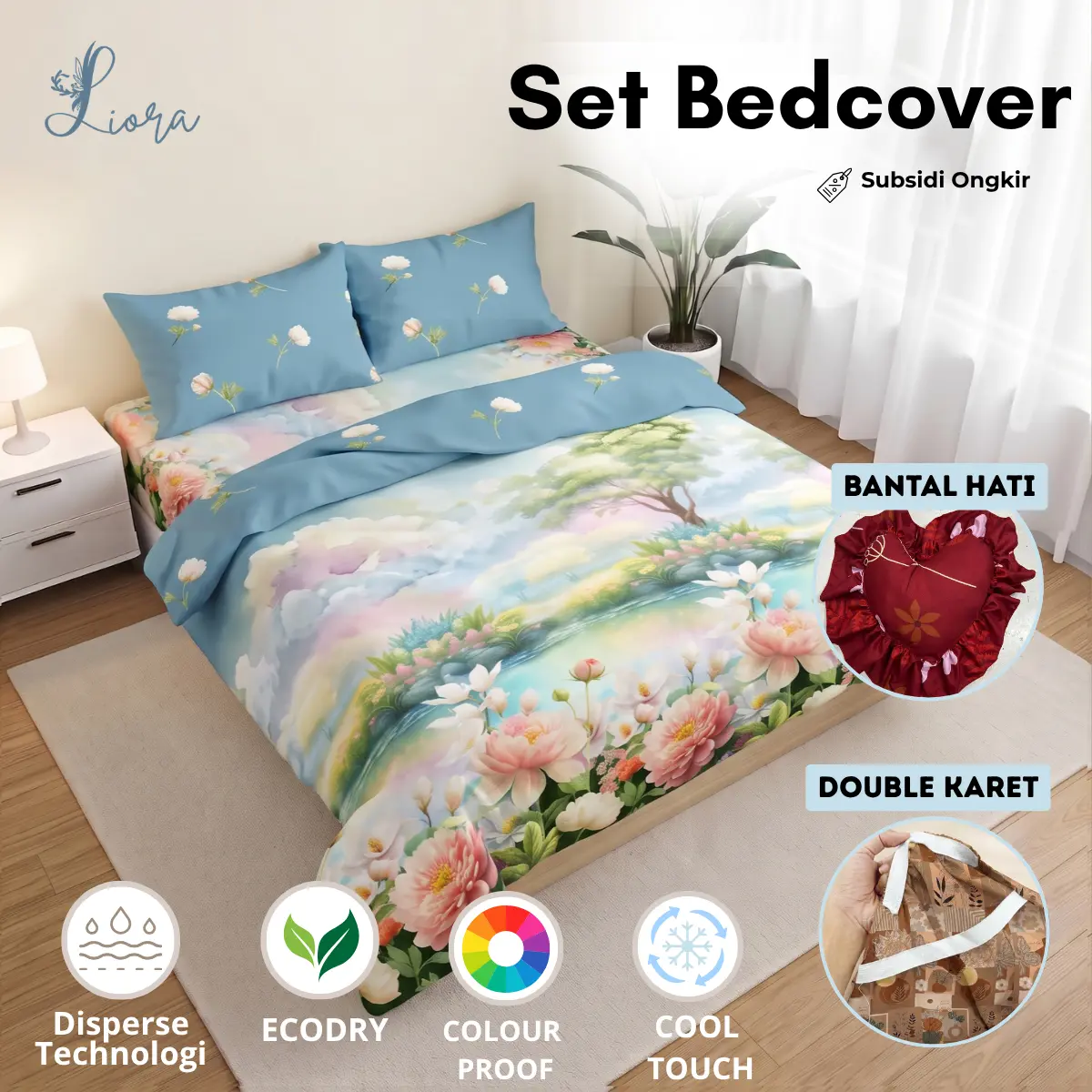 Liora Bedcover Set Sprei Flat Dan Bantal Hati Ukuran King 180x200/Queen 160x200  Lembut Untuk Tidur