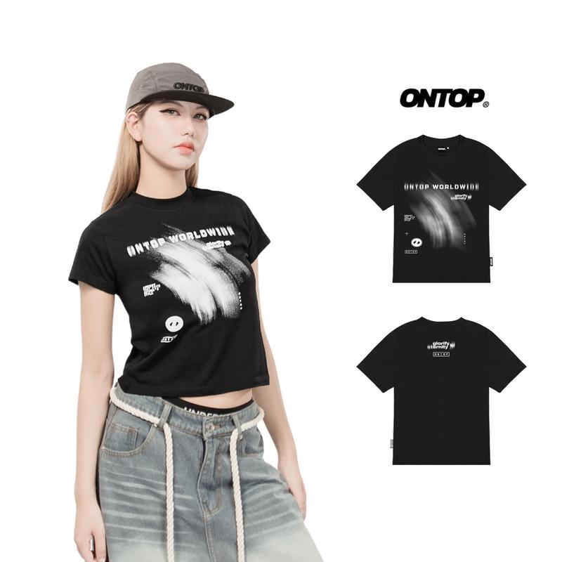 Áo baby tee màu đen in họa tiết ONTOP tay ngắn tôn dáng vải cotton thoáng mát local brand nữ Ripple | O21-T5