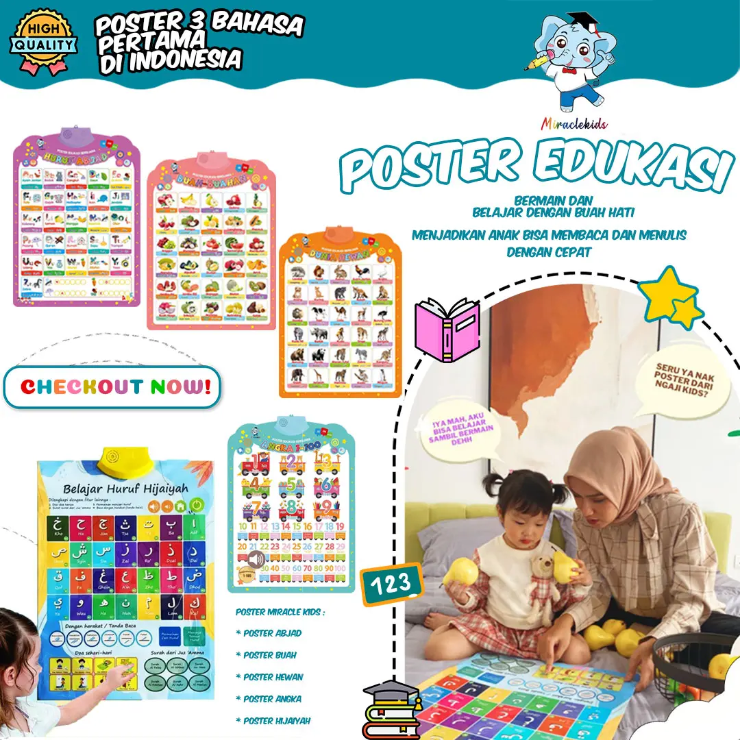 Poster Edukasi Suara Anak Belajar Bahasa Indonesia Arab Inggris / Poster Dinding Suara / Mainan Edukasi Poster Anak