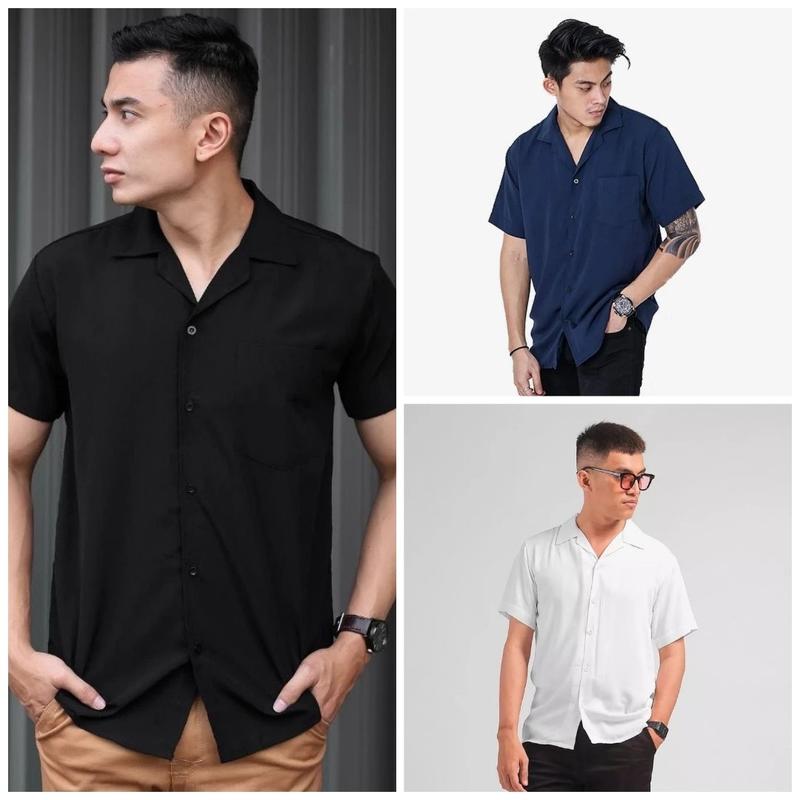 Product Introduction of Paket Kemeja 2Pcs Harga 60Rbuan KEMEJA HAWAI POLOS V-Neck baju atasan oversize katun pria Surfing Distro Cowok Dewasa Pendek Casual Keren 2