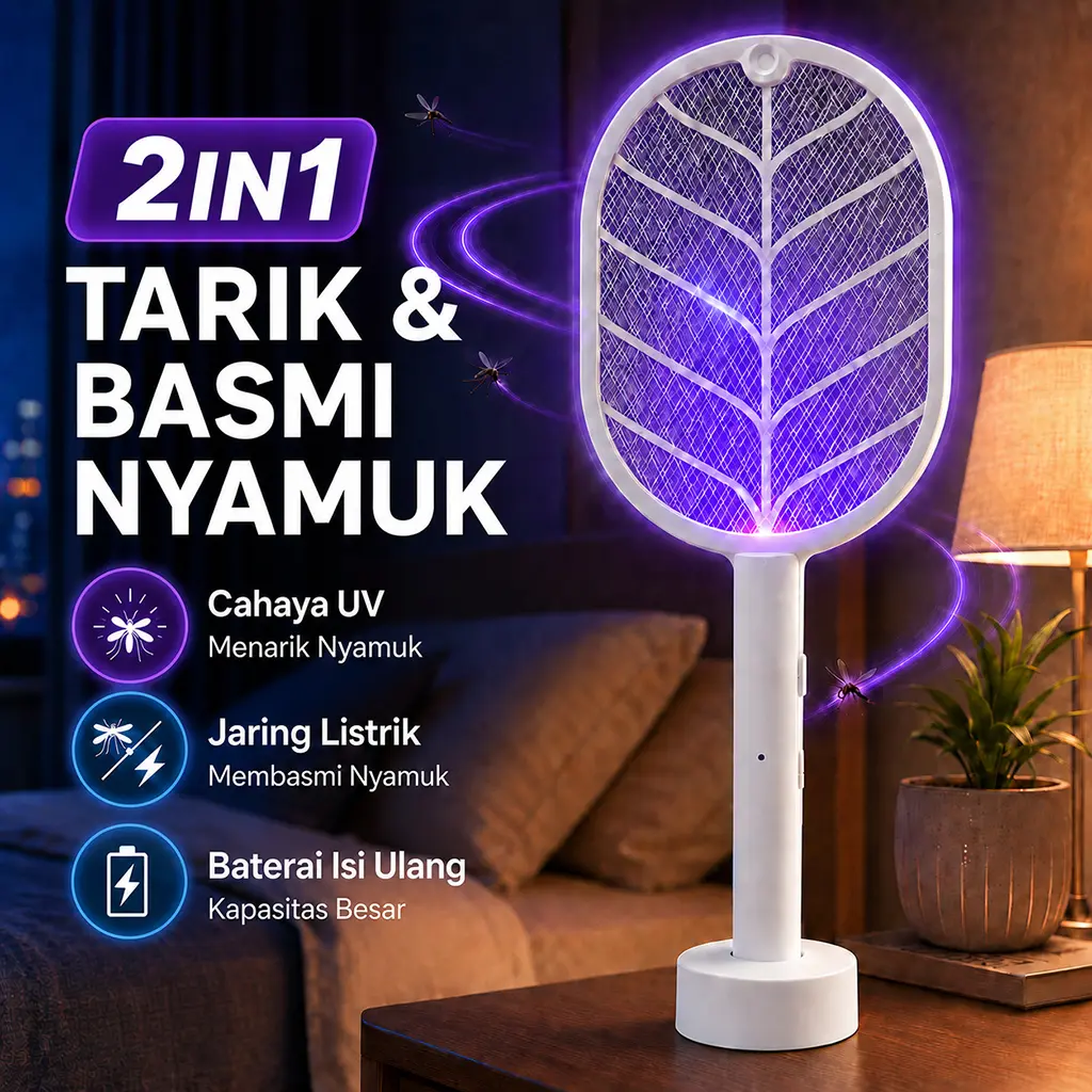 Raket Nyamuk Elektrik Cas Ori Tahan Lama Murah Awet Charger Usb 2 in1 Raket Nyamuk Standing