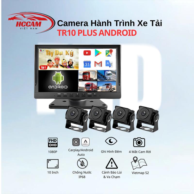 Camera Hành Trình Xe Tải TR10Plus HCCAM 4 Mắt Camera FullHD Màn Hình Cảm Ứng 10 Inch Android 11 Kèm Cảnh Báo Tốc Độ Và Vạch Lùi Xe