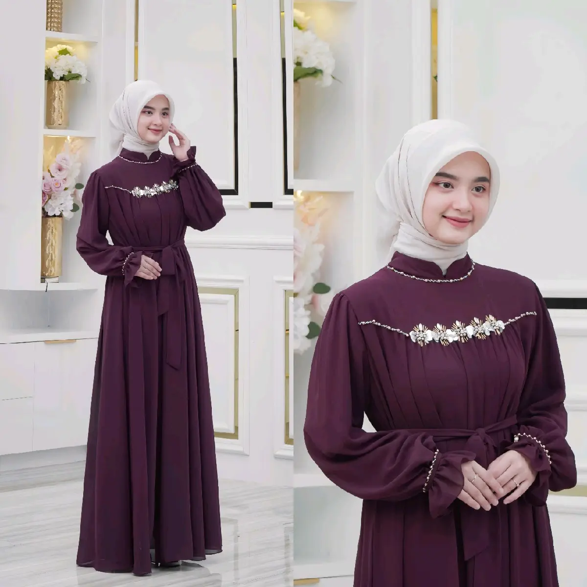 Dress Ayra Bahan Ceruti Babydoll Dihiasi Payet Mewah Sudah Full Puring - Alzah Store Ceruty Kondangan Muslim Nyaman Gamis Mutiara Pesta Simple Dewasa