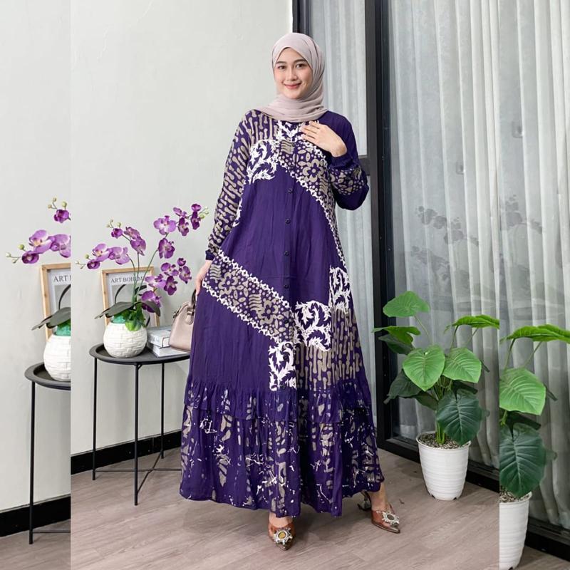 Naya Batik - Gamis Twill Ori Berkualitas Motif Batik Cap Malaman Bukan Sablon Busui Friendly Lengan Panjang Karet Model Tali Samping Full Kancing Dress Wanita Muslim Remaja Tanpa Rempel Nyaman Kain Rayon 3