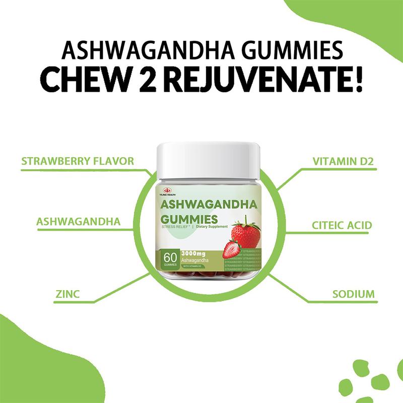 Kẹo cao su Ashwagandha, Yiling, 3000 mg Chiết xuất gốc Ashwagandha có hiệu lực cao, với Vitamin D2, dành cho nam và nữ, Hương vị dâu tây, 60 Đếm (Gói 1) kẹo  dẻo 5