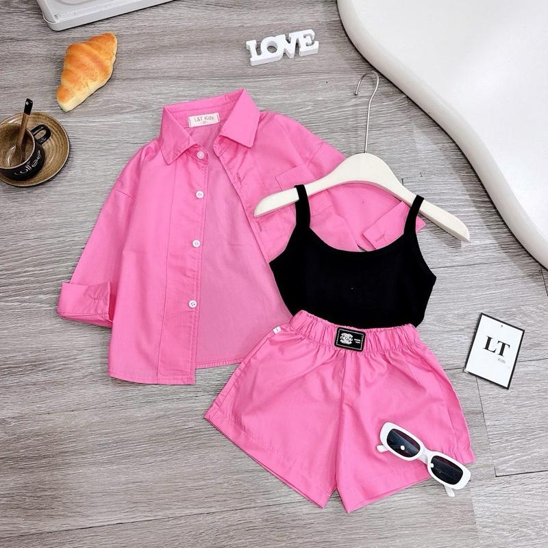 BN197 - Set 3 chi tiết áo sơmi thô hàn- áo thun hai dây - quần thô short xinh xắn cho bé gái diện hè, đi biển(10-30kg) 4
