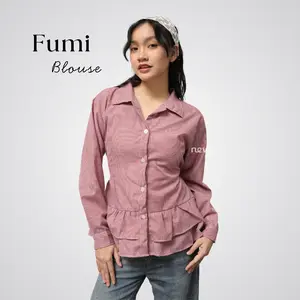 Neva Style - Fumi Blouse Ruffle Motif Kotak - Kotak / Kemeja Peplum Wanita Lengan Panjang / Atasan Cewek Casual Modis Fashionable Outfit Simple dan Kekinian